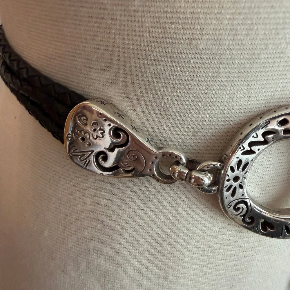 Brighton Braided Leather Silver Tone Chain Belt Size Medium Heart Medallion